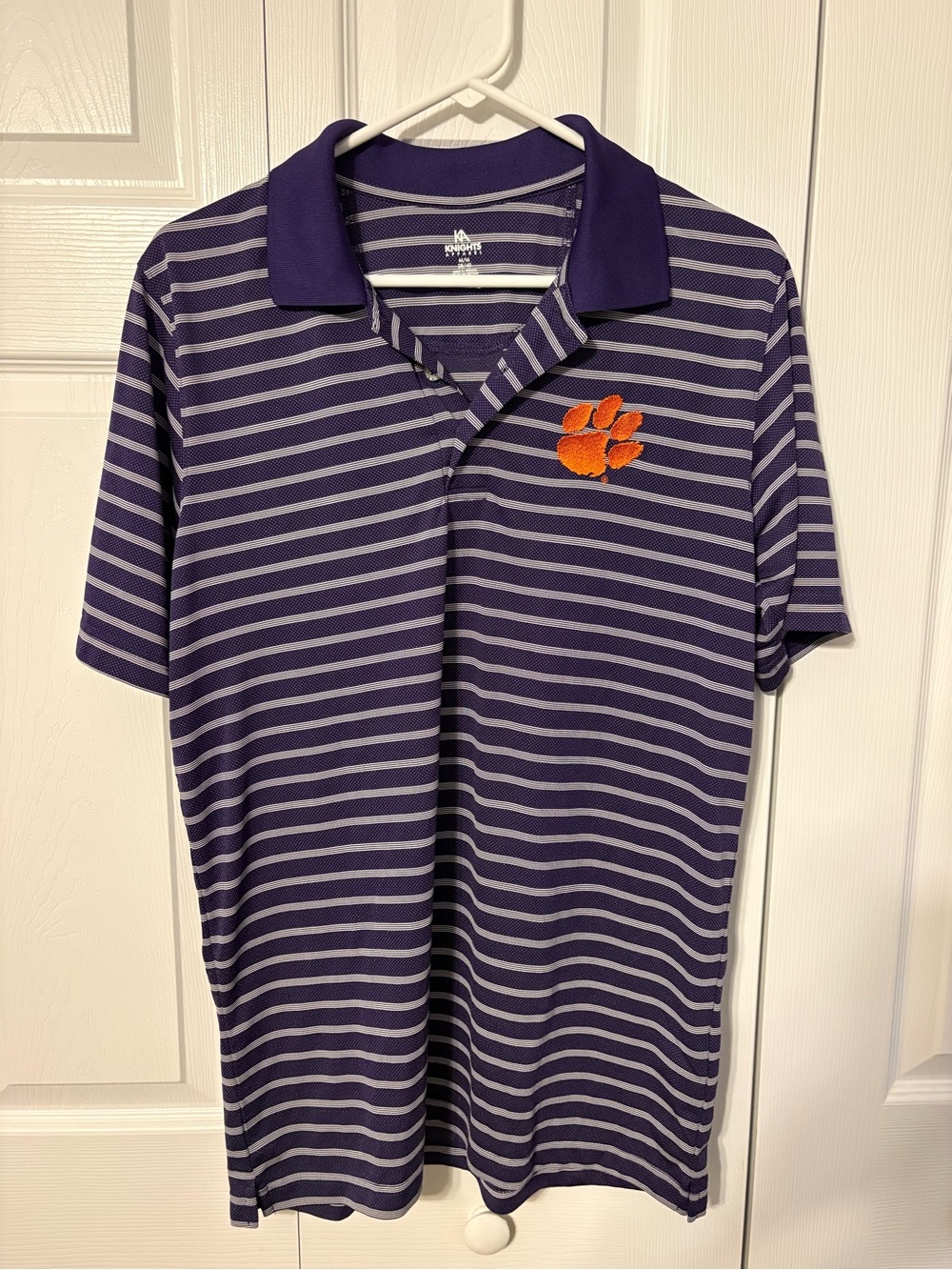 Knights Apparel Clemson Purple and Light Gray Striped Polo with Orange Paw